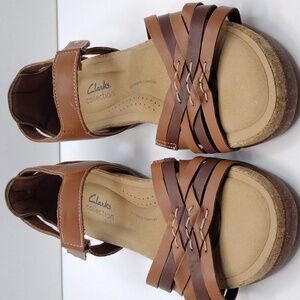 Clarks size 8.5 ultimate comfort leather brown cork wedge sandals women's